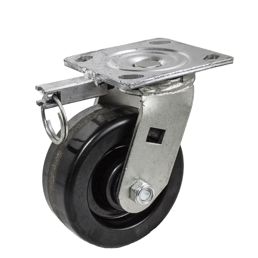 Caster; Swivel; 5" x 2"; Phenolic; Plate (4-1/2"x6-1/4"; holes: 2-7/16"x4-15/16" slotted to 3-3/8"x5-1/4"; 1/2" bolt); Zinc; Roller Brng; 1000#; Position Lock (Item #66092)