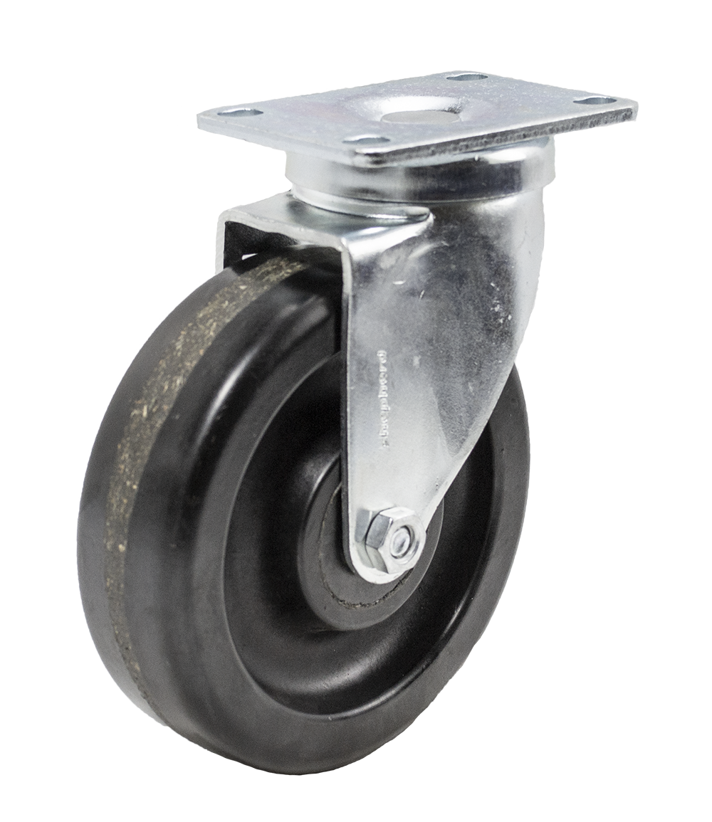 Caster; Swivel; 4" x 1-1/4"; Phenolic; Plate (2-1/2"x3-3/4"; holes: 1-3/4"x2-7/8" slots to 3"; 5/16" bolt); Stainless; Plain bore; 350#; Dust Cover (Mtl) (Item #63885)