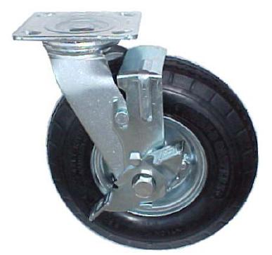 Caster; Swivel; 10" x 3-1/2"; Pneumatic (Black); Plate; 4"x4-1/2"; holes: 2-5/8"x3-5/8" (slots to 3"x3"); 3/8" bolt; Zinc; Ball Brng; 350#; Top lock brake (Item #68795)