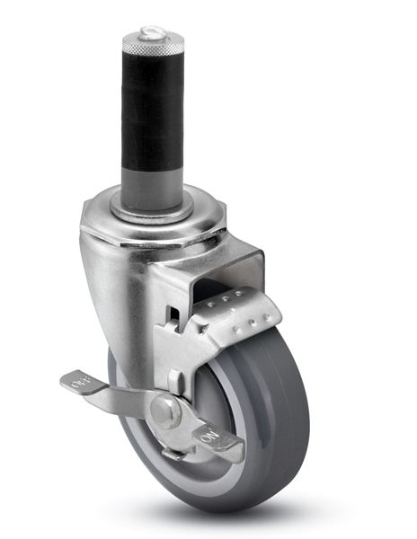 Caster; Swivel; 4" x 1-1/4"; PolyU on PolyO (Gray); Expandable Adapter (0.72" - 0.85" for 3/4" ID tubing); Zinc; Precision Ball Brng; 300#; Dust Cover; Brake (Item #63249)