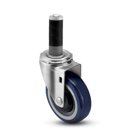 Caster; Swivel; 5" x 1-1/4"; PolyU on PolyO (Blue); Expandable Adapter (1-5/8" - 1-11/16" ID tubing); Precision Ball Brng; 300#; Bearing Cover (Item #64130)
