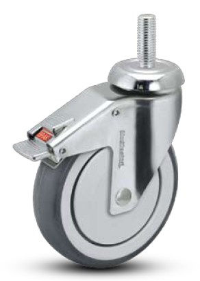 Caster; Swivel; 4x1-1/4; PolyU on PolyO (Gr/Bg); Threaded Stem (1/2-13TPI x 1-1/2); Stainless RIg; Stainless Precision Bearing; 190#; Total Lock; Thread guards (Item #66778)