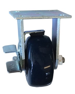 (image for) Caster; Rigid; 6" x 2"; PolyU on PolyO (Blue); Plate; 4"x4-1/2"; holes: 2-5/8"x3-5/8" (slotted to 3"x3"); 3/8" bolt; Zinc; Roller Brng; 900#; Wheel brake (Item #69330)