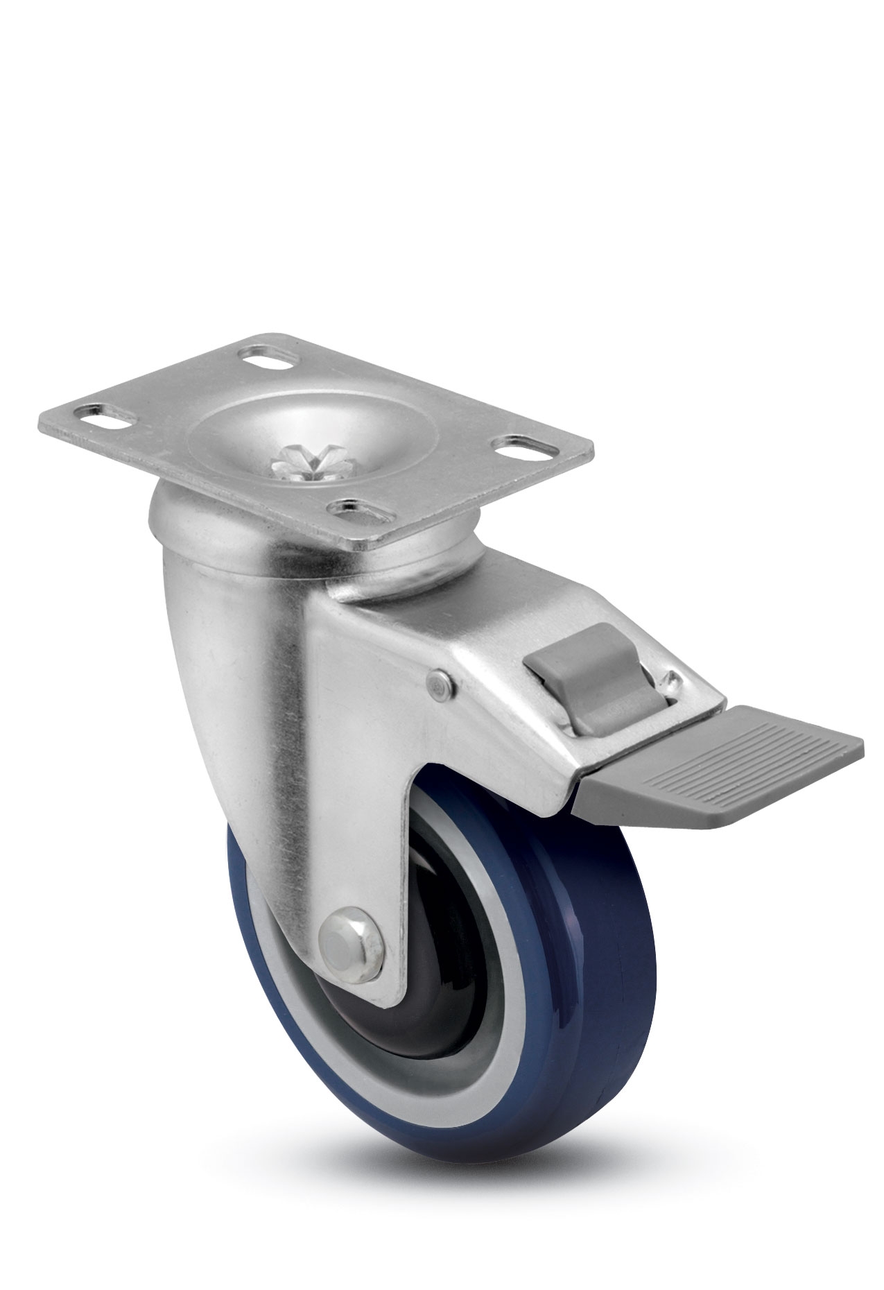 Caster; Swivel; 4"x1-1/4"; PolyU on PolyO (Blue); Plate (2-3/8x3-5/8; holes: 1-3/4x2-7/8 slotted to 3; 5/16 bolt); Zinc; Ball Brng; 300#; Total Lock (Item #67367)