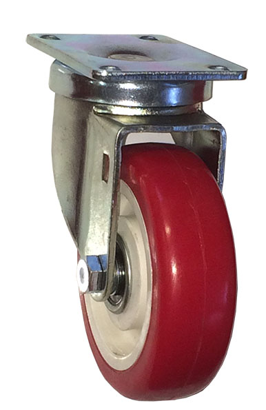 Caster; Swivel; 4" x 1-1/4"; PolyU on PolyO (Red); Plate (2-1/2"x3-5/8"; holes: 1-3/4"x2-7/8" slots to 3"; 5/16" bolt); Prec Ball Brngs; 300#; Dust Cover; TG (Item #63234)