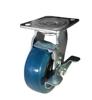 Caster; Swivel; 5" x 2"; PolyU on PolyO (Blue); Plate (4"x4-1/2"; holes: 2-5/8"x3-5/8" slots to 3"x3"; 3/8" bolt); Stainless Rig and Roller Bearing; 600#; Brake (Item #65793)