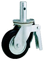Scaffold Caster; Swivel; 8" x 2"; Rubber on Cast Iron; Round Stem (1-3/8"x4"; 1/2" cross-drilled hole 2-1/2" up); Zinc; Roller Brng; 500#; Total Lock (Item #66483)