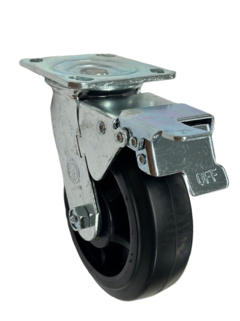 Caster; Swivel; 4" x 2"; Rubber on Nylon; Plate (4"x4-1/2"; holes: 2-5/8"x3-5/8" slotted to 3"x3"; 3/8" bolt); Zinc; Roller Brng; 400#; Total Lock (Trailing) (Item #64608)