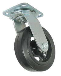 Caster; Swivel; 8" x 2"; Rubber on Nylon; Plate (4-1/2"x6-1/4"; holes: 2-7/16"x4-15/16" slotted to 3-3/8"x5-1/4"; 3/8" bolt); Zinc; Roller Brng; 600# (Item #63604)