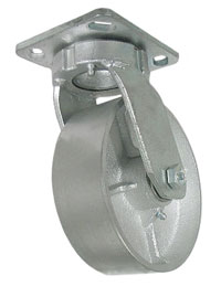 Caster; Swivel; 10" x 2-1/2"; Cast Iron; Plate (4-1/2"x6-1/4"; holes: 2-7/16"x4-15/16" slotted to 3-3/8"x5-1/4"; 3/8" bolt); Roller Brng; 2700#; Kingpinless (Item #65564)