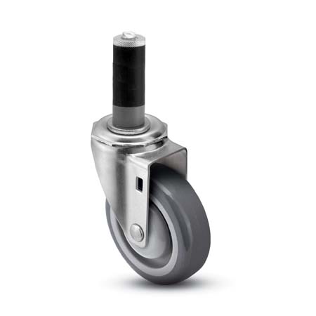 Caster; Swivel; 5" x 1-1/4"; TPR Rubber (Gray); Expandable Adapter (1-3/8" - 1-7/16" ID tubing); Zinc; 250#; Dust Cover (Mtl); Thread guards (Item #65270)