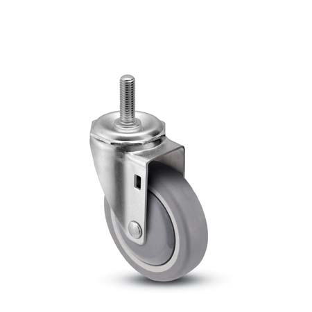 Caster; Swivel; 4" x 1-1/4"; Thermoplastized Rubber (Gray); Threaded Stem (1/2"-13TPI x 1"); Zinc; Precision Ball Brng; 260#; Dustcover; Thread guards (Item #66268)
