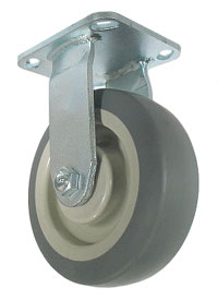 Caster; Rigid; 4" x 2"; Thermoplastized Rubber (Gray); Plate (4"x4-1/2"; holes: 2-5/8"x3-5/8" slots to 3"x3"; 3/8" bolt); Zinc; Roller Brng; 300# (Item #67593)