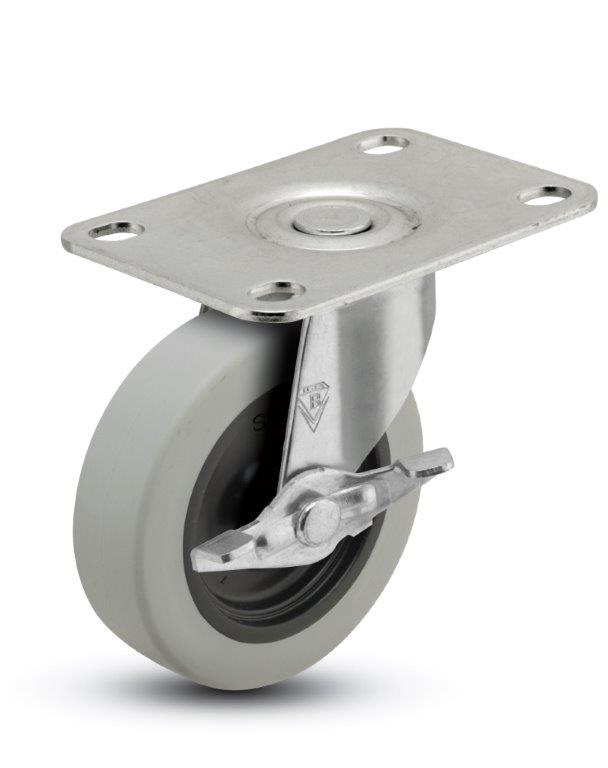 Caster; Swivel; 2-1/2" x 13/16"; Thermoplastized Rubber (Gray on Blk); Plate (1-3/4"x2-5/8": holes: 1"x2-1/8"; 1/4" bolt); Zinc; 80#; Side frictrion Brake (Item #65561)