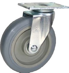 Caster; Swivel; 4" x 1-1/4"; TPR Rubber (Gray); Plate (2-3/8"x3-5/8"; holes: 1-3/4"x2-7/8" slotted to 3"; 5/16" bolt); Stainless; Delrin Spanner; 250# (Item #66261)