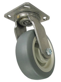 Caster; Swivel; 5" x 1-1/2"; Thermoplastized Rubber (Gray); Plate (4"x4-1/2"; holes: 2-5/8"x3-5/8" slots to 3"x3"; 3/8" bolt); Zinc; Roller Brng; 300# (Item #63262)