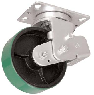 Caster; Swivel; 6x2; PolyU on Alum; Plate (4-1/2x6-1/4; holes: 2-7/16x4-15/16 slotted to 3-3/8x5-1/4; 1/2 bolt); Rllr Brng; 800#; Spring Loaded (600#+75#) (Item #67123)