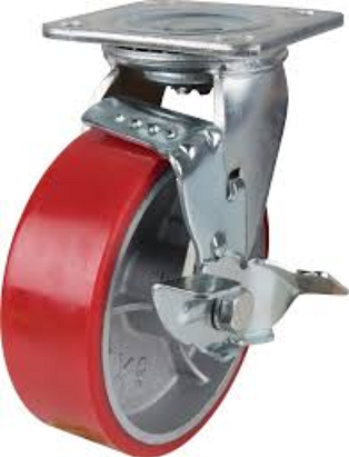 Caster; Swivel; 4x2; PolyU on Cast Iron (Red/Silvr); Plate (4-1/2x6-1/4; holes: 2-7/16x4-15/16 slotted to 3-3/8x5-1/4; 3/8 bolt); Roller Brng; 700#; Tread Brake (Item #66992)