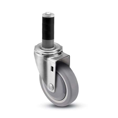 Caster; Swivel; 5x1-1/4; ThermoPlstc Rbr Round (Gray); Expandable Adapter (1.426" - 1.589" ID tubing); Zinc; Delrin Spanner; 300# (Item #66903)