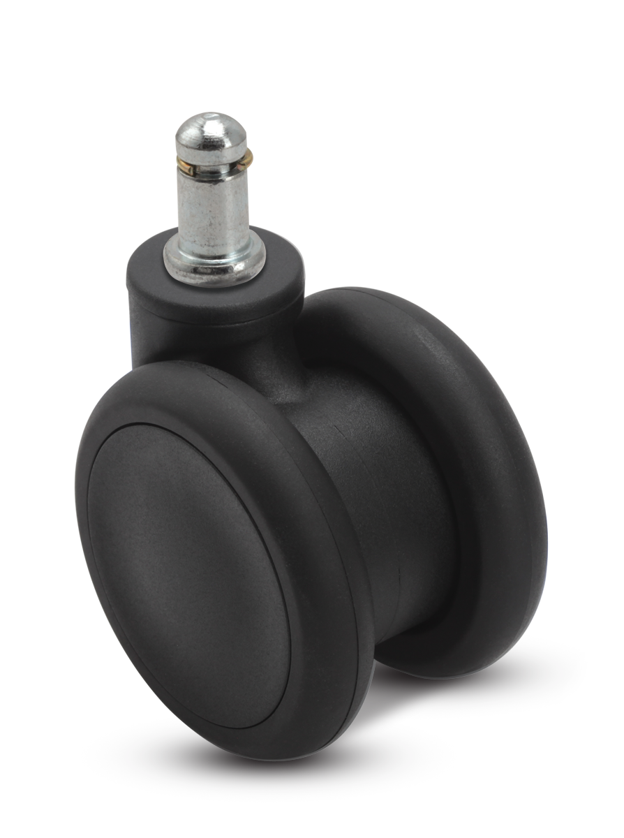 Caster; Twin Wheel; Swivel; 65mm; Thermoplastized Rubber (Black); Grip Ring (7/16x7/8); Black; Riveted Axle; 110# (Item #66692)