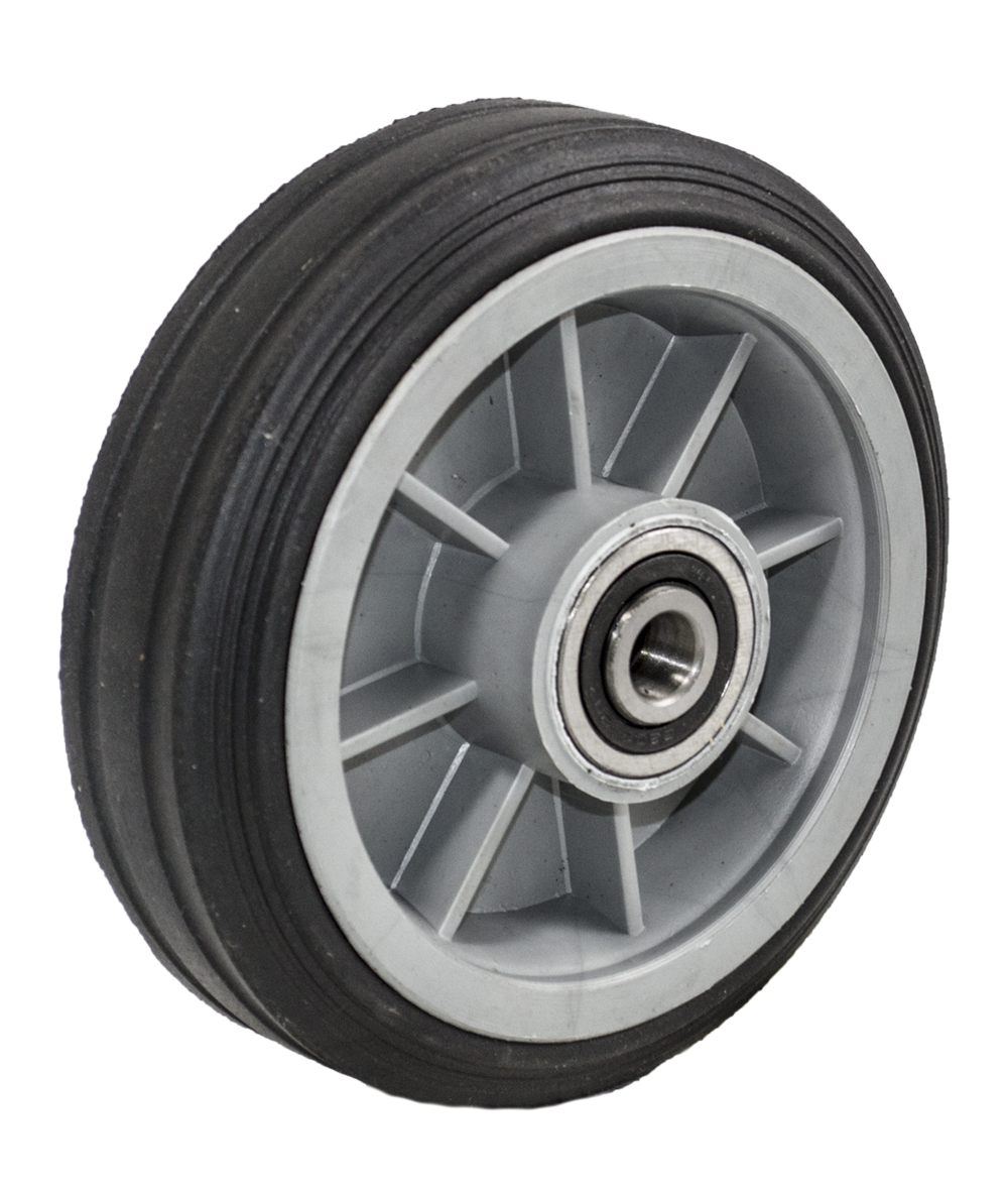 Wheel; 6" x 2"; Solid Rubber on Plastic Hub; Ball Brng; 1/2" Bore; 2-7/16" Hub Length; 350#; Centered One-piece Hub; Ribbed Tread (Item #87811)