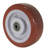 (image for) Caster; Swivel; 4" x 2"; 95A PolyU on PolyO (Red); Plate; 4"x4-1/2"; holes: 2-5/8"x3-5/8" (slotted to 3"x3); 3/8 bolt; Roller Brng; 500#; Wheel brake (Item #67603)