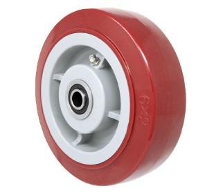 (image for) Caster; Swivel; 5" x 2"; Red PolyU on PolyO; Plate (4"x4-1/2"; holes: 2-5/8"x3-5/8" slotted to 3"x3"; 3/8" bolt); Stainless; Delrin Bushing; 750#; Brake (Item #66251)