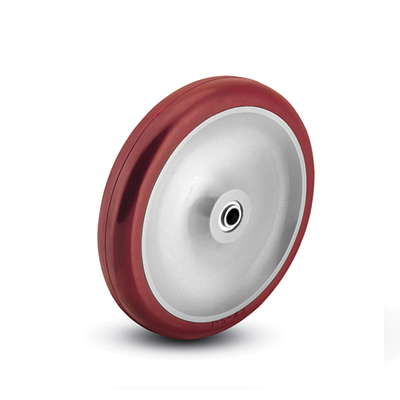Wheel; 2-1/2" x 1-1/4"; PolyU on PolyO (Red); Delrin Spanner; 3/8" Bore; 1-1/2" Hub Length; 250#,Thread guards (Item #87700)