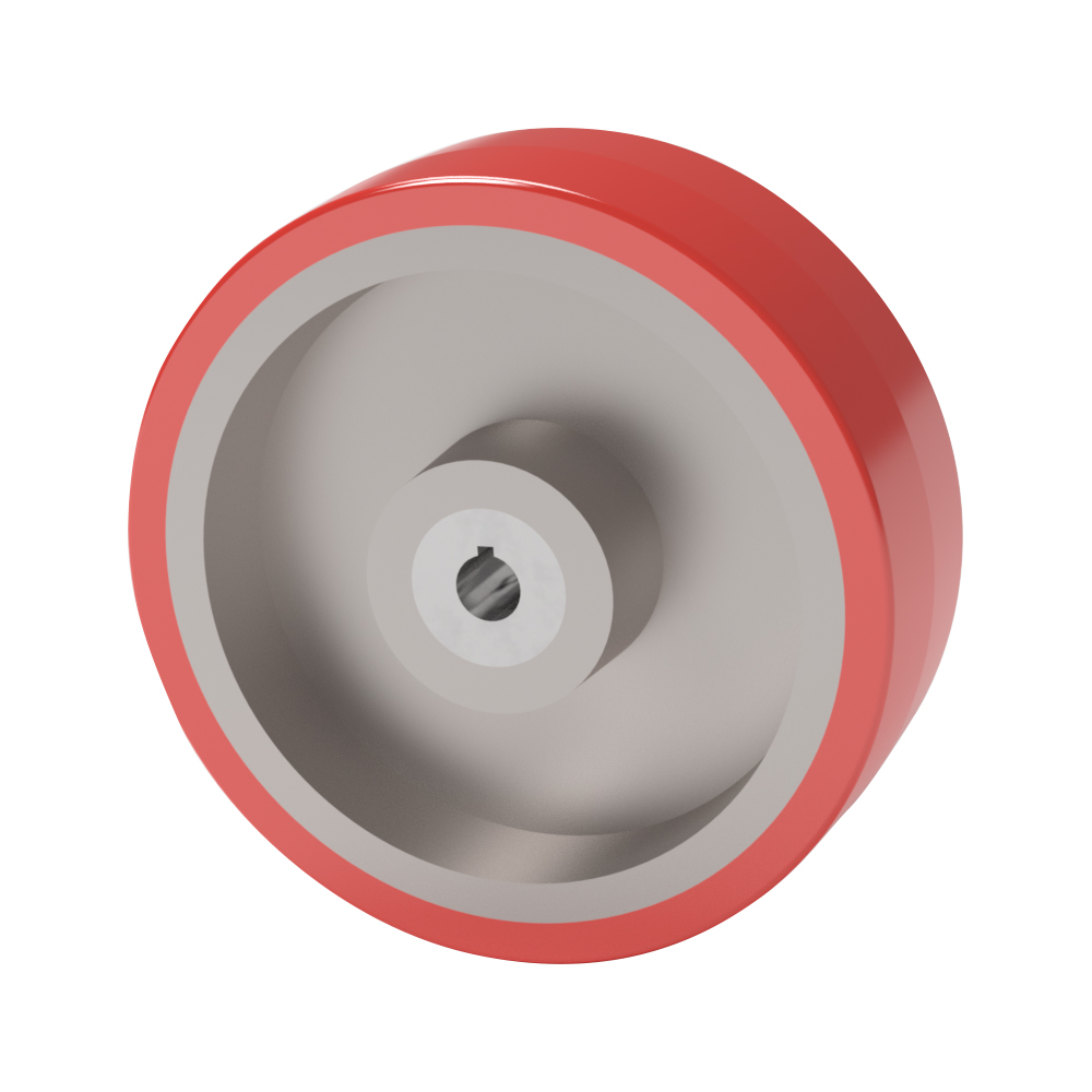 Wheel; 8" x 4"; 95A PolyU on Cast Iron (1/2" thick); Plain bore; 1-1/4" Bore; 4-1/4" Hub Length; xx00#; 1/4" x 1/8" Keyway; 2 set screws (Item #87422)