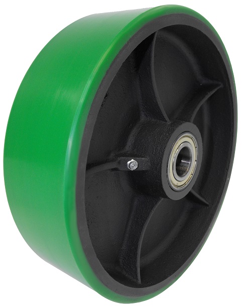 Wheel; 12" x 2-1/2"; PolyU on Cast Iron (Usu Red or Green); Roller Brng; 1" Bore; 2-3/4" Hub Length; 2500# (Item #88129)