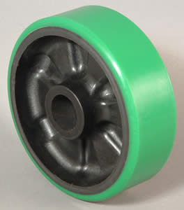 Wheel; 5" x 1-1/2"; PolyU on Cast Iron (Usu Red or Green); Plain bore; 1-3/16" Bore; 1-5/8" Hub Length; 750# (Item #88140)