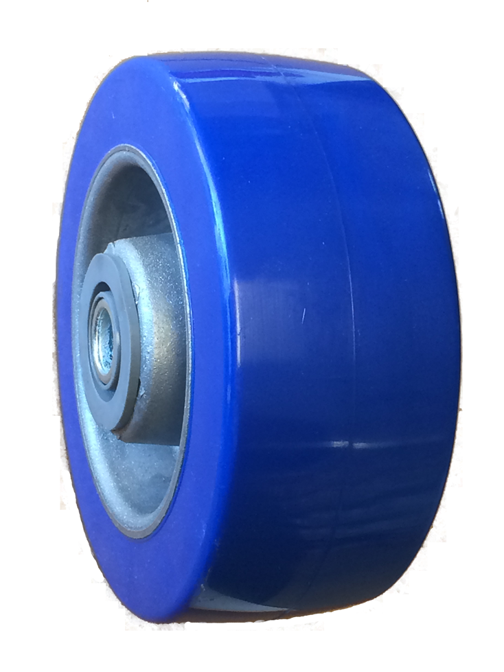 Wheel; 8" x 2"; PolyU on Alum (Color may vary); Roller Brng; 1500#; 3/4" Bore; 2-7/16" Hub Length (Item #89775)