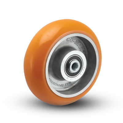 Wheel; 4" x 2"; Donut 95A PolyU on Alum; Precision Ball Brng; 1/2" Bore; 2-7/16" Hub Length; 800#.  (Usu Orange or Maroon). (Item #87750)