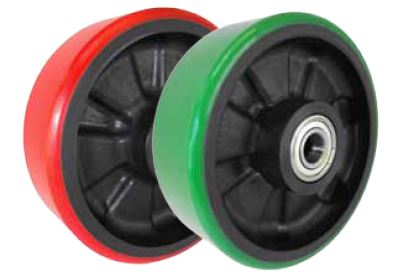 (image for) Caster; Rigid; 5" x 2"; PolyU on GF Nylon (Red or Green); Plate (4"x4-1/2"; holes: 2-5/8"x3-5/8" slotted to 3"x3"; 3/8" bolt); Zinc; Roller Brng; 1000# (Item #66366)