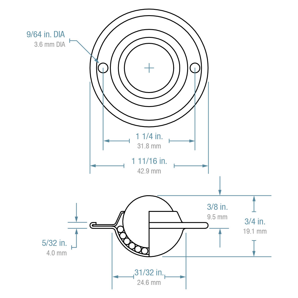 Ball Transfer; Low Profile; 5/8" Stainless Steel ball; Flange (1-11/16" diameter; two 1/8" holes: 1-1/4" apart); Carbon Steel flange; 20#; 3/8" profile (Item #88816)