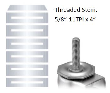 (image for) Caster; Swivel; 4" x 1-1/4"; Thermoplastized Rubber (Gray); Threaded Stem (5/8"-11TPI x4"); Stainless Steel; Delrin Spanner; 250#; Wheel Tread Brake (Item #66382)