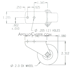 (image for) Side Mount Rigid Caster; 2" x 7/8"; Polyolefin; Offset Plate (1-1/4"x2-1/8": 2 holes: 5/8" apart; 3/16" bolt); 3-1/4" Total Length; Zinc Finish; 100# (Item #64519)