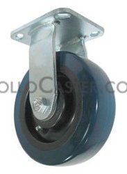 (image for) Caster; Rigid; 5" x 2"; PolyU on PolyO (Red or Blue); Plate (2-1/2"x3-5/8"; holes: 1-3/4"x2-7/8" slotted to 3"; 5/16" bolt); Zinc; Delrin Bushing; 375# (Item #64086)