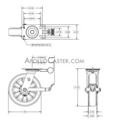 (image for) Caster; Swivel; 10" x 2-1/2"; Red PolyU/ PolyO; Plate (4-1/2"x6-1/4"; holes: 2-7/16"x4-15/16" slotted to 3-3/8"x5-1/4"); Roller Brg; 1800#; Face Brake; Pos Lock (Item #65372)
