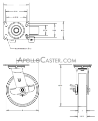 (image for) Caster; Swivel; 8" x 2"; PolyU (Crowned) on Cast (Blue); Plate (4-1/2"x6-1/4"; holes: 2-7/16"x4-15/16" slotted; 1/2" bolt); Roller Bearing; 1500#; Cam Brake (Item #64508)