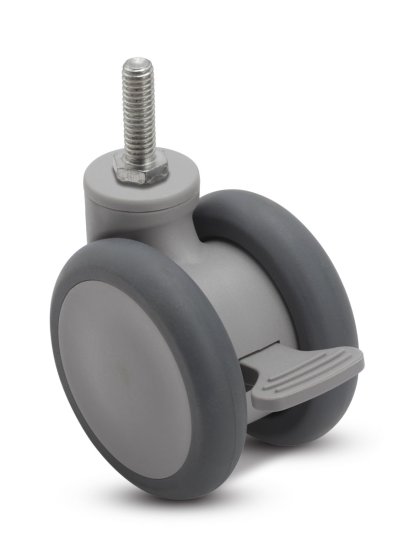 Caster; Twin Wheel; Swivel; 65mm; Thermoplastized Rubber (Gray); Threaded Stem (3/8\"-16TPI x 3/4\"); Gray; Riveted Axle; 110#; Wheel Brake (Item #65549)