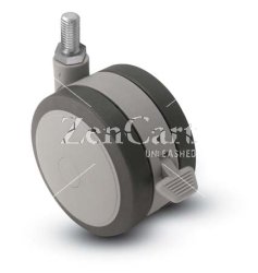 (image for) Caster; Twin Wheel; Swivel; 100mm (4"); Polyurethane (Gray); Threaded Stem (1/2"-13TPI x2"); Black/Grey; Riveted Axle; 225#; Brake (Item #64969)