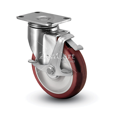 (image for) Caster; Swivel; 3" x 1-1/4"; Red Poly HiTech; Plate (2-1/2"x3-5/8": holes: 1-3/4"x2-13/16" (slot to 3-1/16"); 5/16" bolt); Stainless; Plain bore; 200#; Brake (Item #63813)