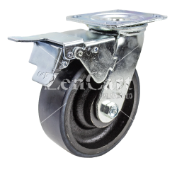 (image for) Caster; Swivel; 6x2; PolyU (Crowned) on Cast (Bl/Bk); Top Plate (4x4-1/2; holes: 2-5/8x3-5/8 slotted to 3x3; 3/8 bolt); Zinc; Roller Brng; 1250#; Total lock brk (Item #67077)