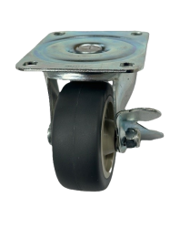 Caster; Swivel; 3" x 1-1/4"; PolyU on PolyO (Gray); Plate (3-1/8"x4-1/8"; holes: 2-3/8"x3-3/8";1/4" bolt); Zinc; Plain bore; 210#; Side friction brake (Item #62980)