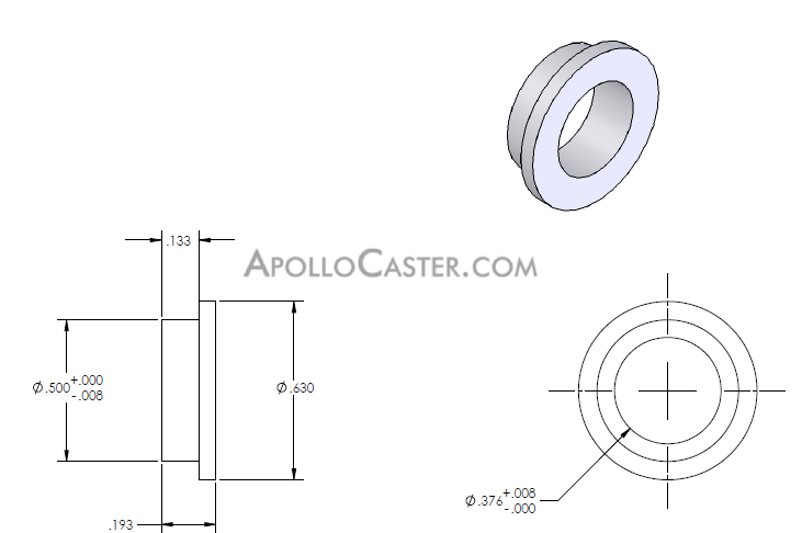 Hollow Kingpin Bushing; Reduces kingpin opening from 1/2\" to 3/8\". Inserts 1/8\" ; total length 3/16\". Usually use 2 per caster: insert from underside and top. (Item #88405)