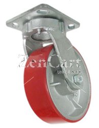 (image for) Caster; Swivel; 8" x 3"; PolyU on Cast Iron; Plate (4-1/2"x6-1/4"; holes: 2-7/16"x4-15/16" slotted to 3-3/8"x5-1/4"; 1/2" bolt); Roller Brng; 2500#; Kingpinless (Item #65628)