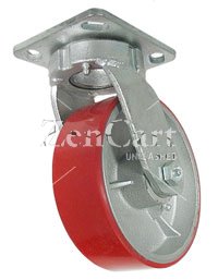 (image for) Caster; Swivel; 6" x 2"; PolyU on Cast Iron; Plate (4"x4-1/2"; holes: 2-5/8"x3-5/8" slots to 3"x3"; 3/8" bolt); Zinc; Prec Ball Brngs; 1200#; (Item #67450)