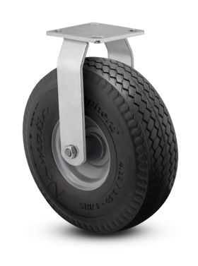 (image for) Caster; Rigid; 10" x 4"; Flat Free Tire (Black); Plate (4"x4-1/2"; holes: 2-5/8"x3-5/8" slots to 3"x3"; 3/8" bolt); Zinc; Prec Ball Brngs; 440#; Made in USA (Item #62966)