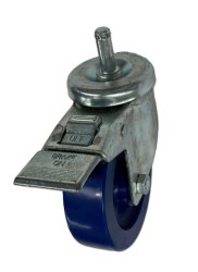 Caster; Swivel; 4" x 1-1/4"; Polyurethane (Solid); Grip Ring (7/16" x 1-3/8"); Zinc; Delrin Spanner; 300#; Dust Cover (Mtl); Total Lock brake (Item #63893)